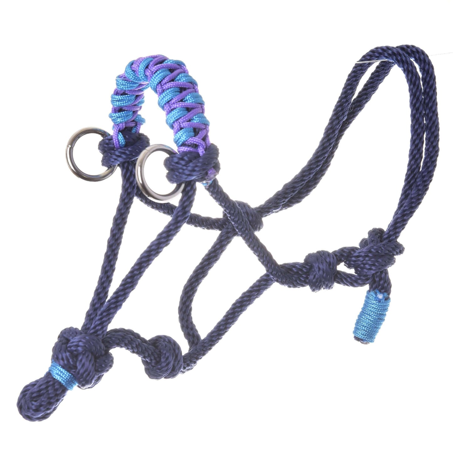 The Rope set Dark Blue by Hobby Horse LarDen features a dark blue rope horse halter with purple and blue woven accents, metal rings, and adjustable knots—an ideal addition to your essential riding equipment collection.