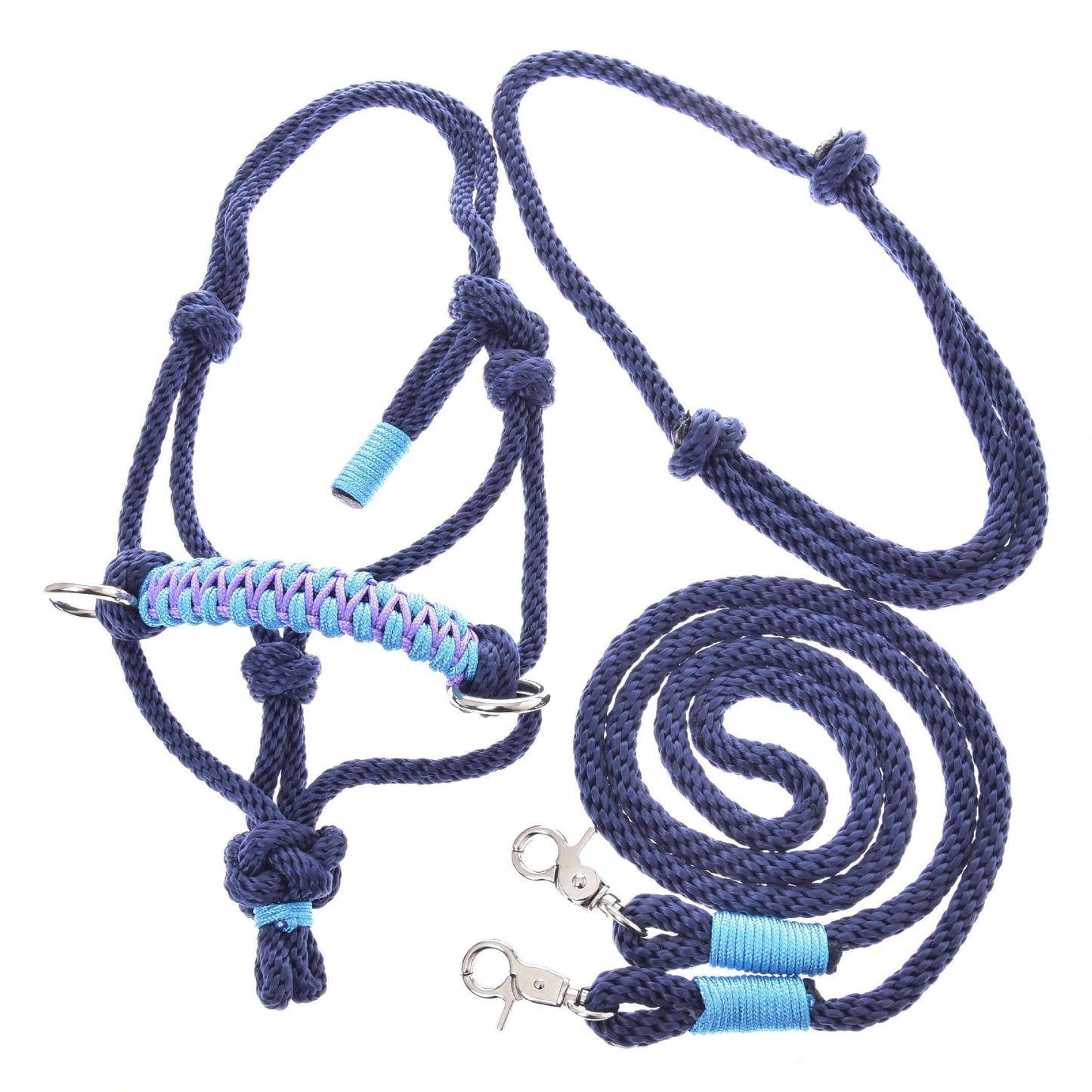 The Hobby Horse LarDen Rope set Dark Blue includes a navy blue rope halter with light blue accents, silver metal rings, and a matching lead rope with metal clips—ideal riding gear for enthusiasts.